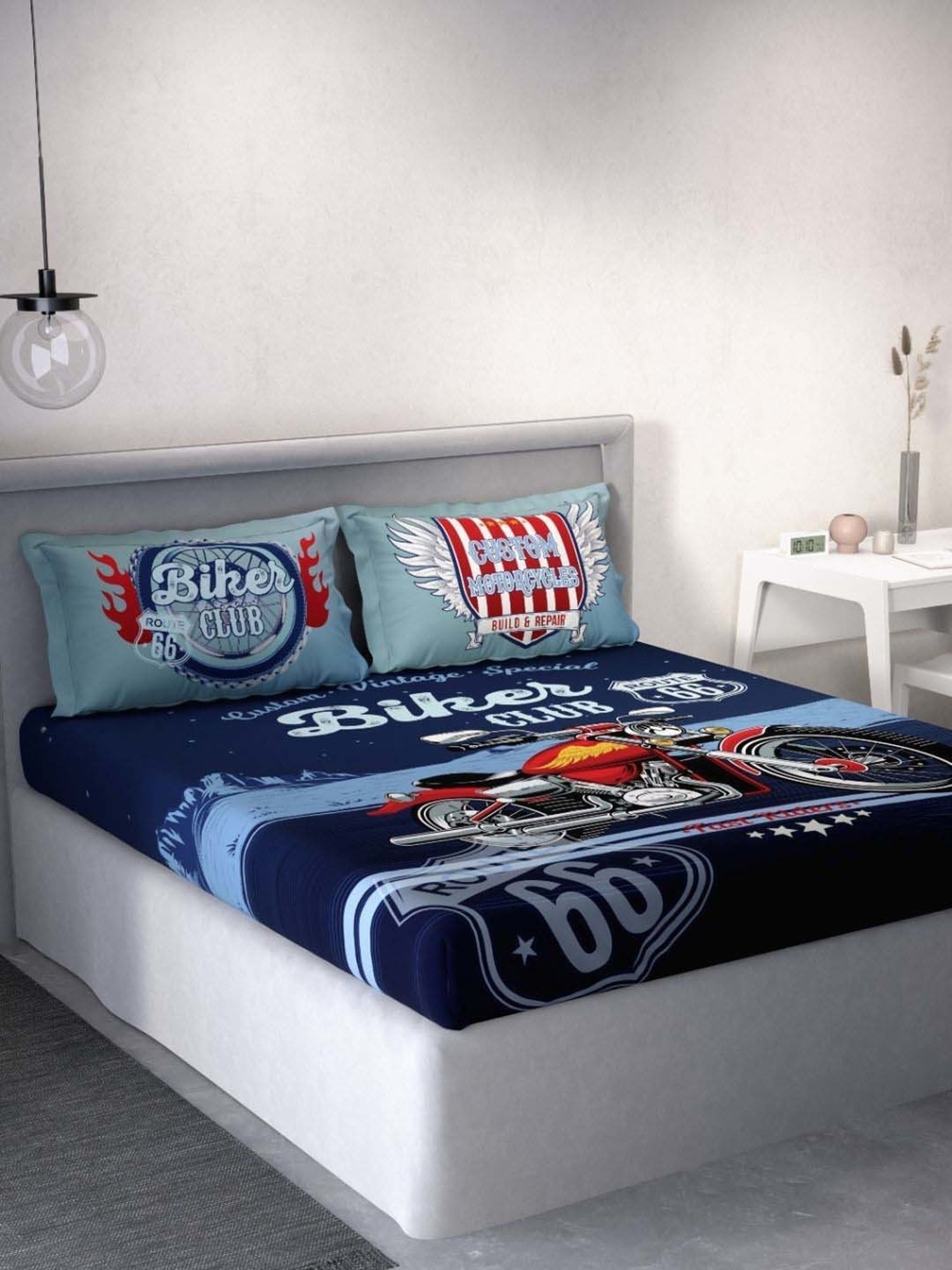 DDecor Biker Club Conversational Blue Cotton 136 TC Double Bedsheet With 2 Pillow Covers