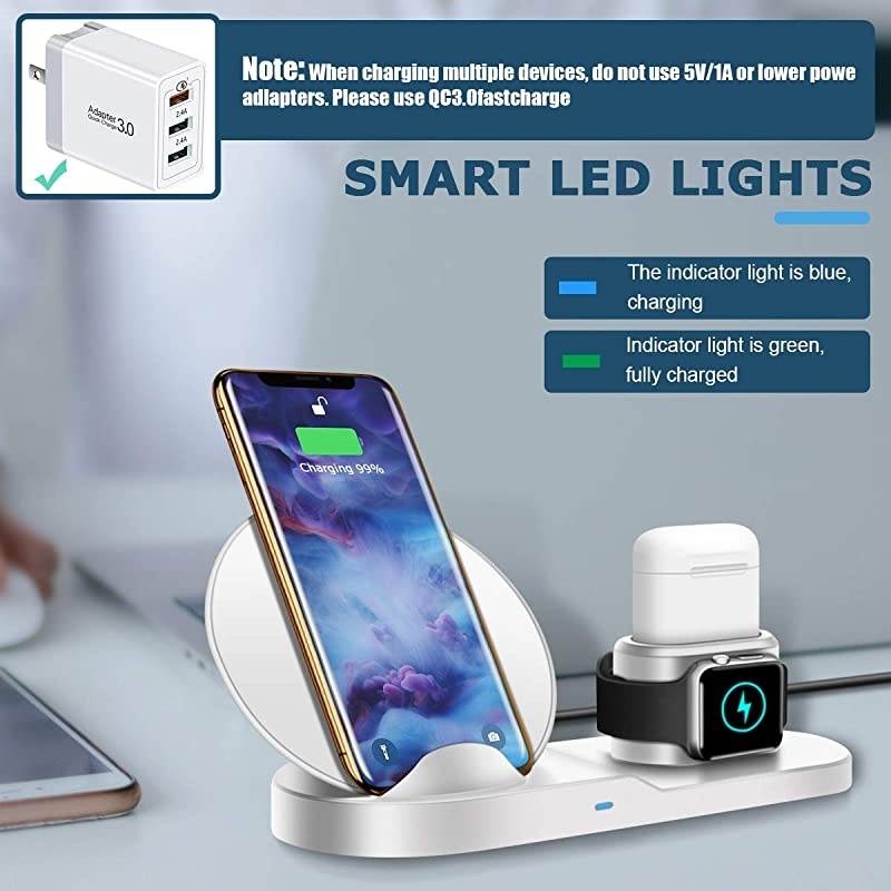 Wireless Charger 3 in 1 Qi 10W Wireless Charging Dock Station Compatible for Apple iWatch 1234 Airpods iPhone121111 Pro MaxXXS Max8 Fast Charging Stand White