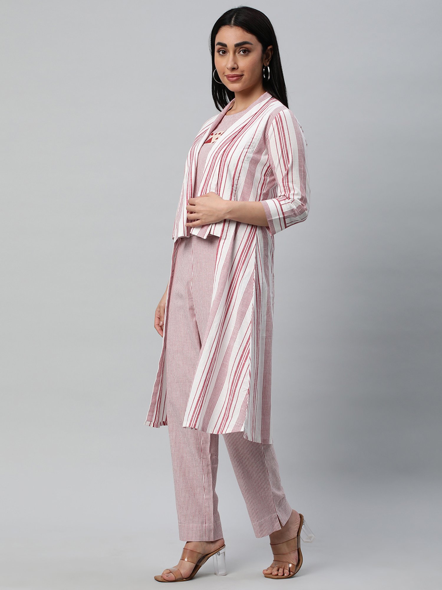 Kami Kubi Multicolor Striped Top Pant Set With Long Shrug