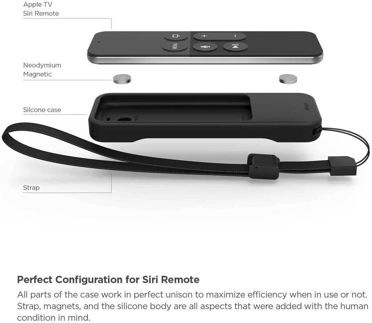 elago R1 Intelli Case [Black]-[Magnet Technology][Anti-Slip][Lanyard Included][Heavy Shock Absorption] for Apple TV Siri Remote 4K / 4th Generation