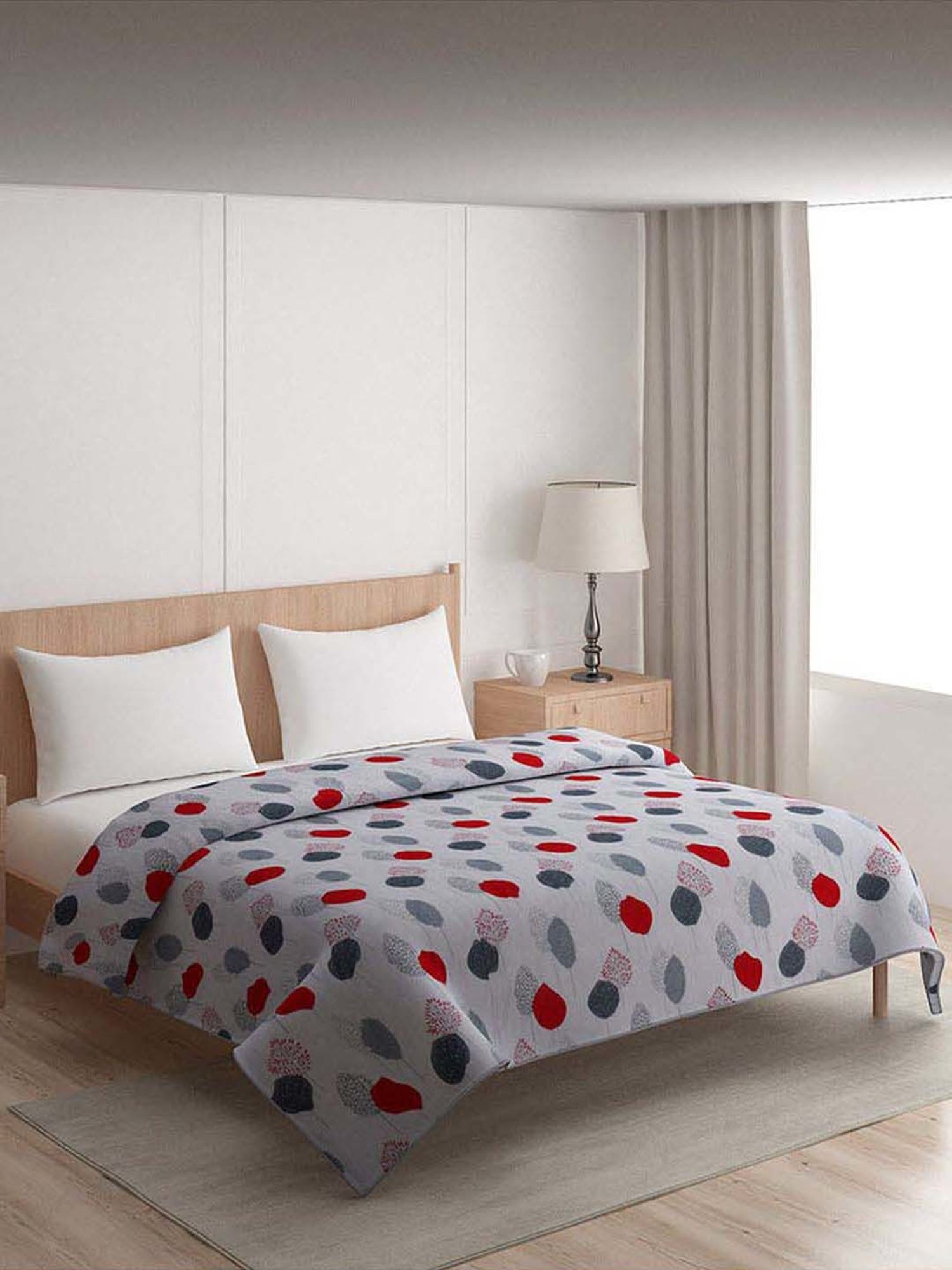 @home Grey & Red 140 TC Cotton Leaf Design Double Bed Dohar