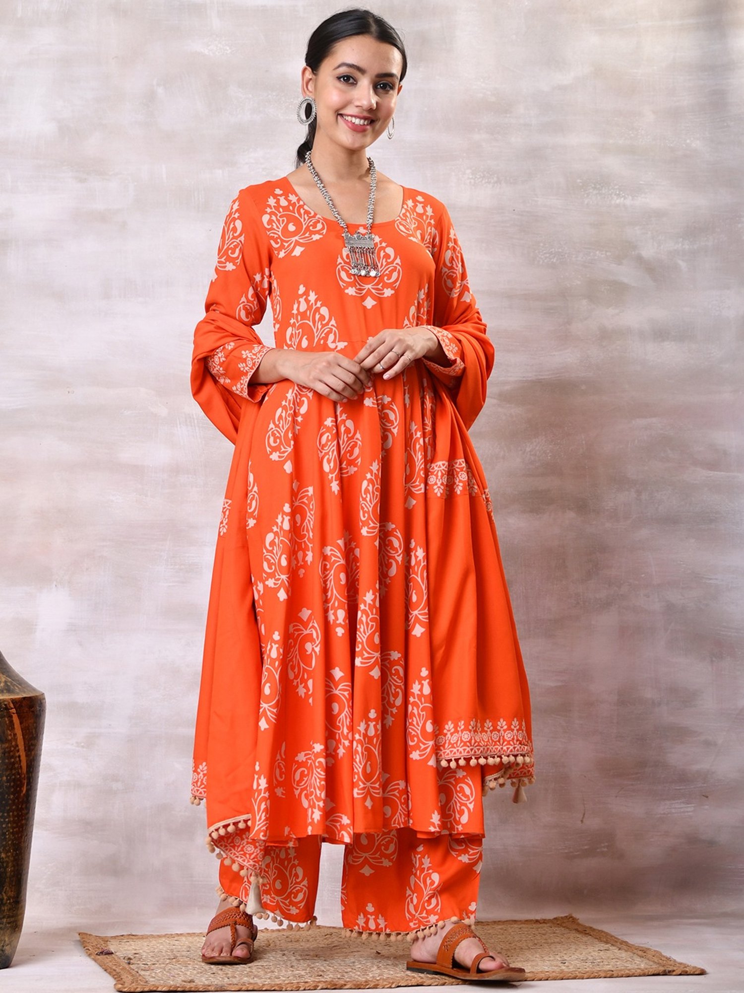 Rustorange Orange Printed Kurta Pant Set With Dupatta