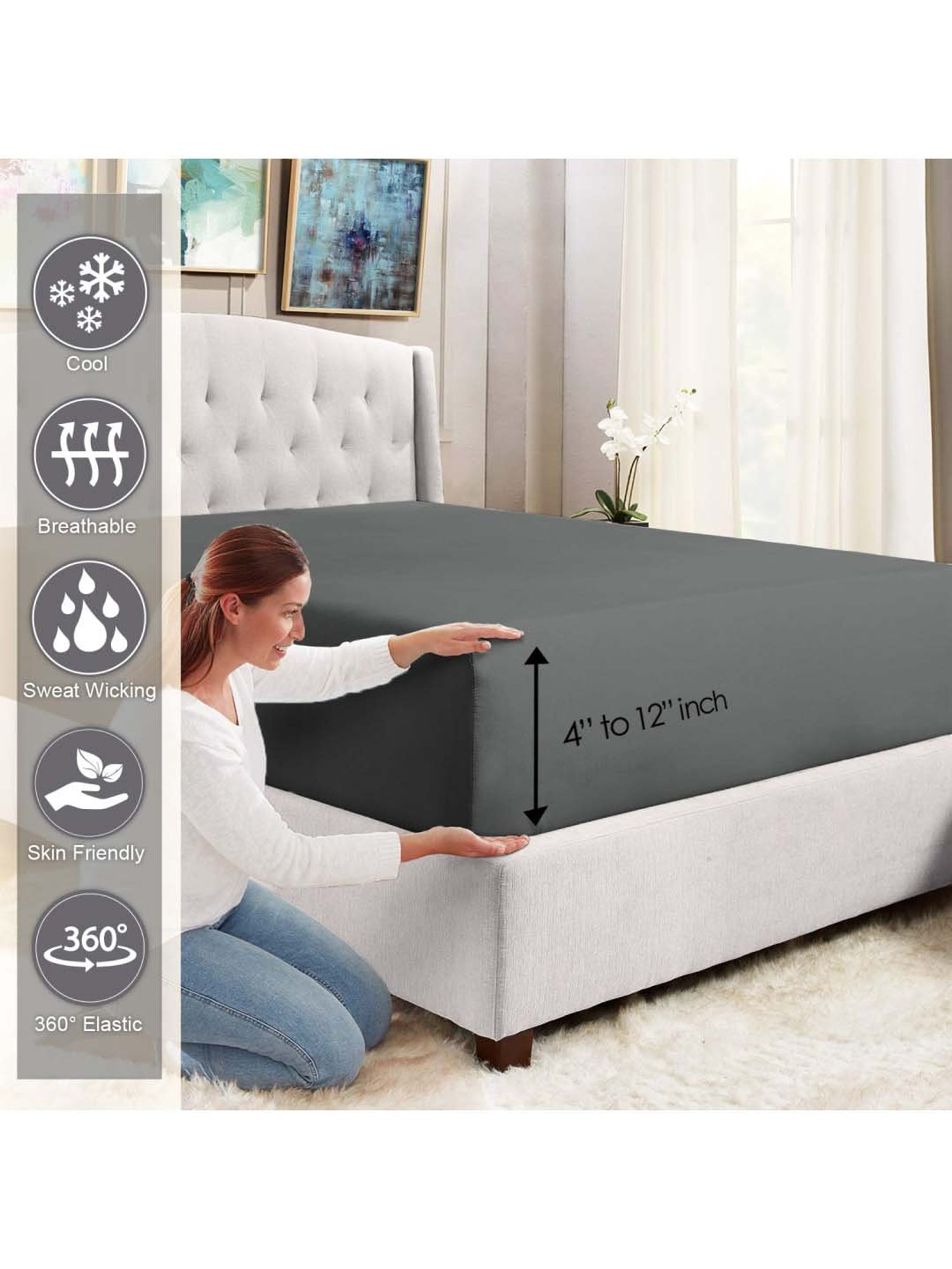 Pizuna 400TC 100% Cotton Dark Grey Fitted Bed Sheet Queen Size With 2 Pillow Cover