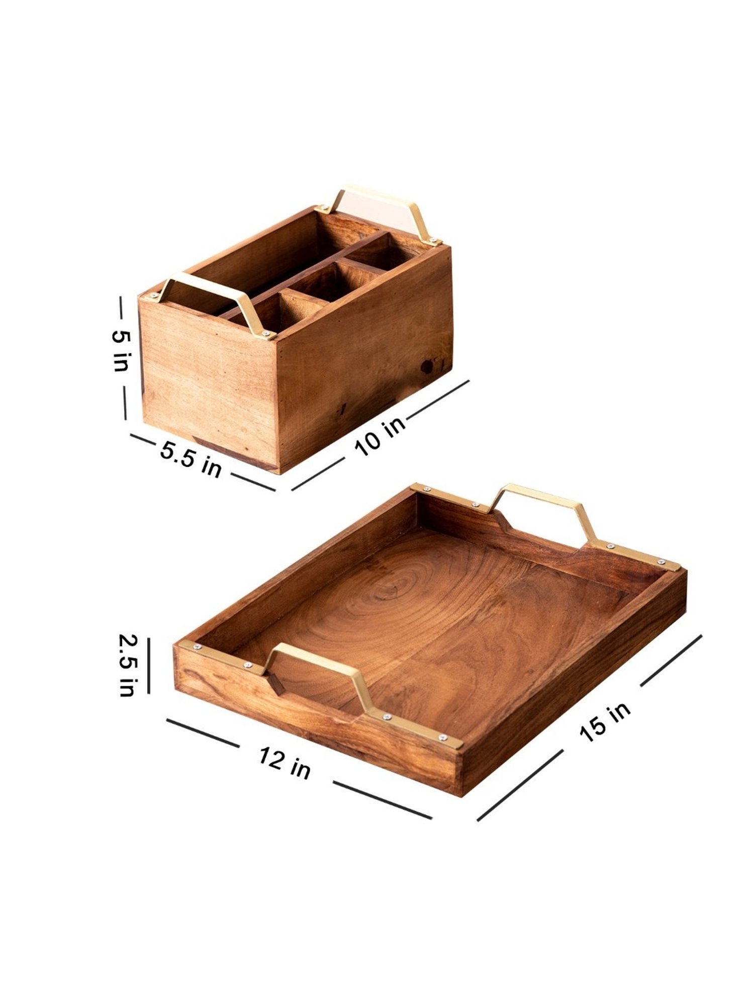 Nestroots Brown Sheesham Wood Serving Tray & Cutlery Holder Set
