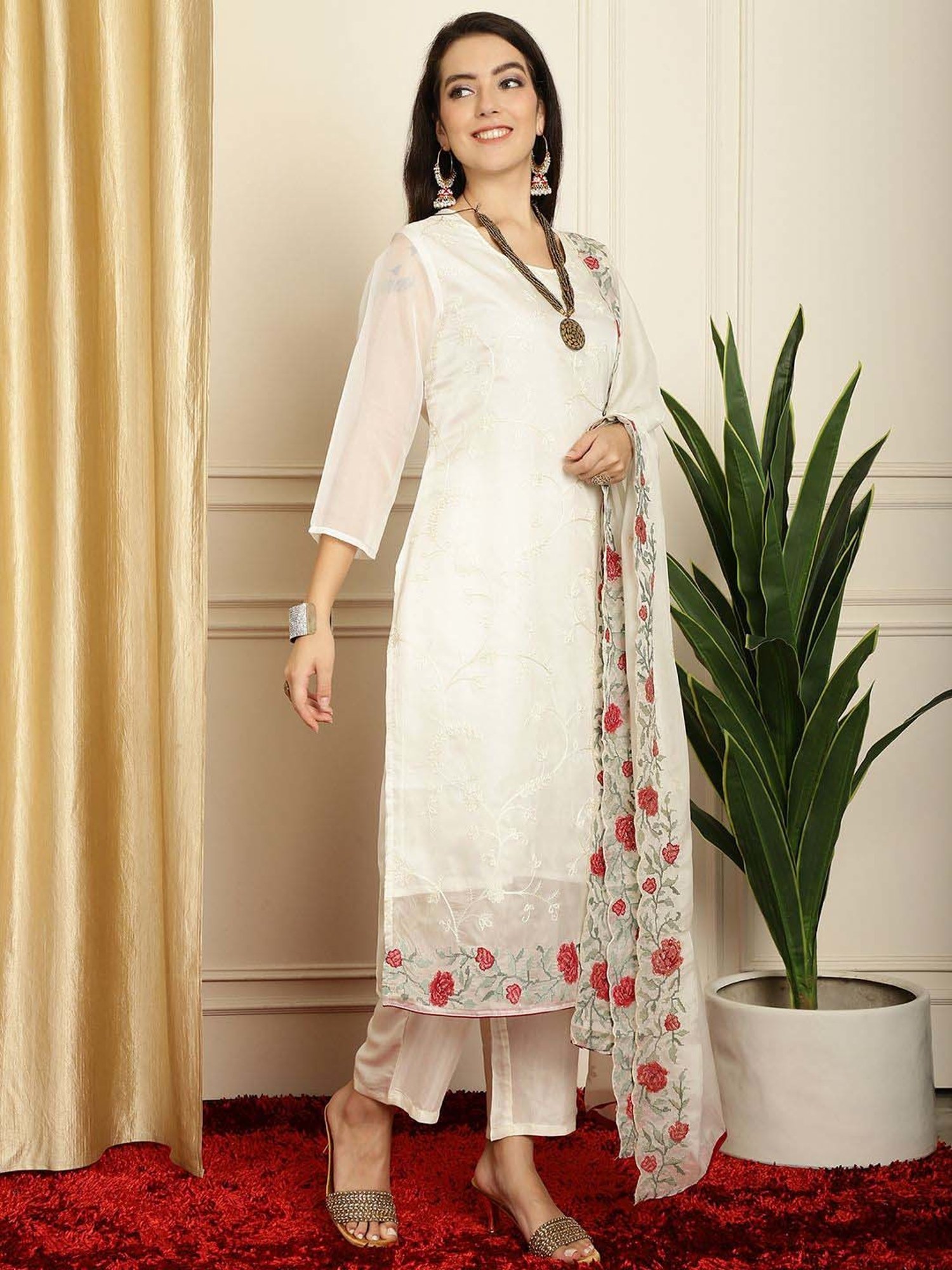 Stylee LIFESTYLE Off-White Embroidered Unstitched Dress Material