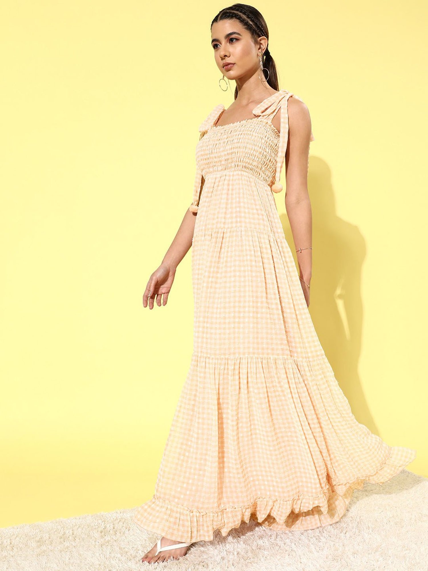 QUIERO Peach Checks Fit & Flare Dress