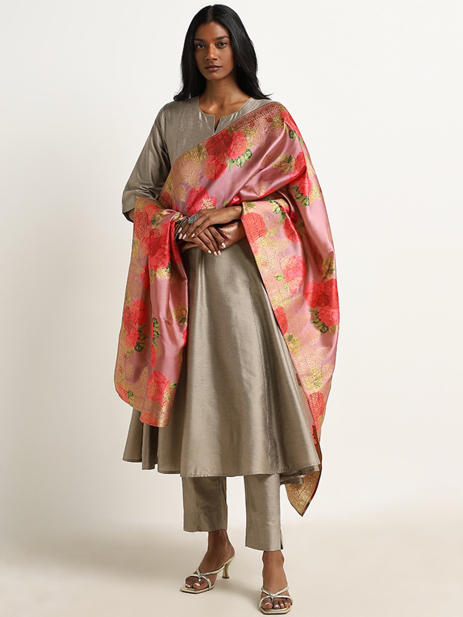 Vark by Westside Grey Floral Printed A-Line Kurta, Pants & Dupatta Set
