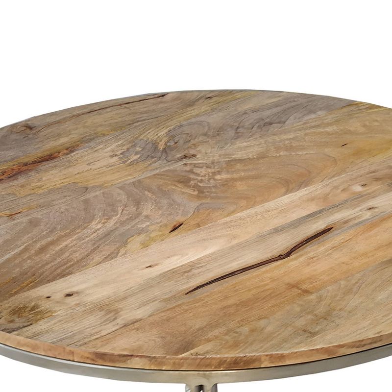 Round Wooden Top Coffee Table with Lattice Metal Base Brown/Silver - The Urban Port