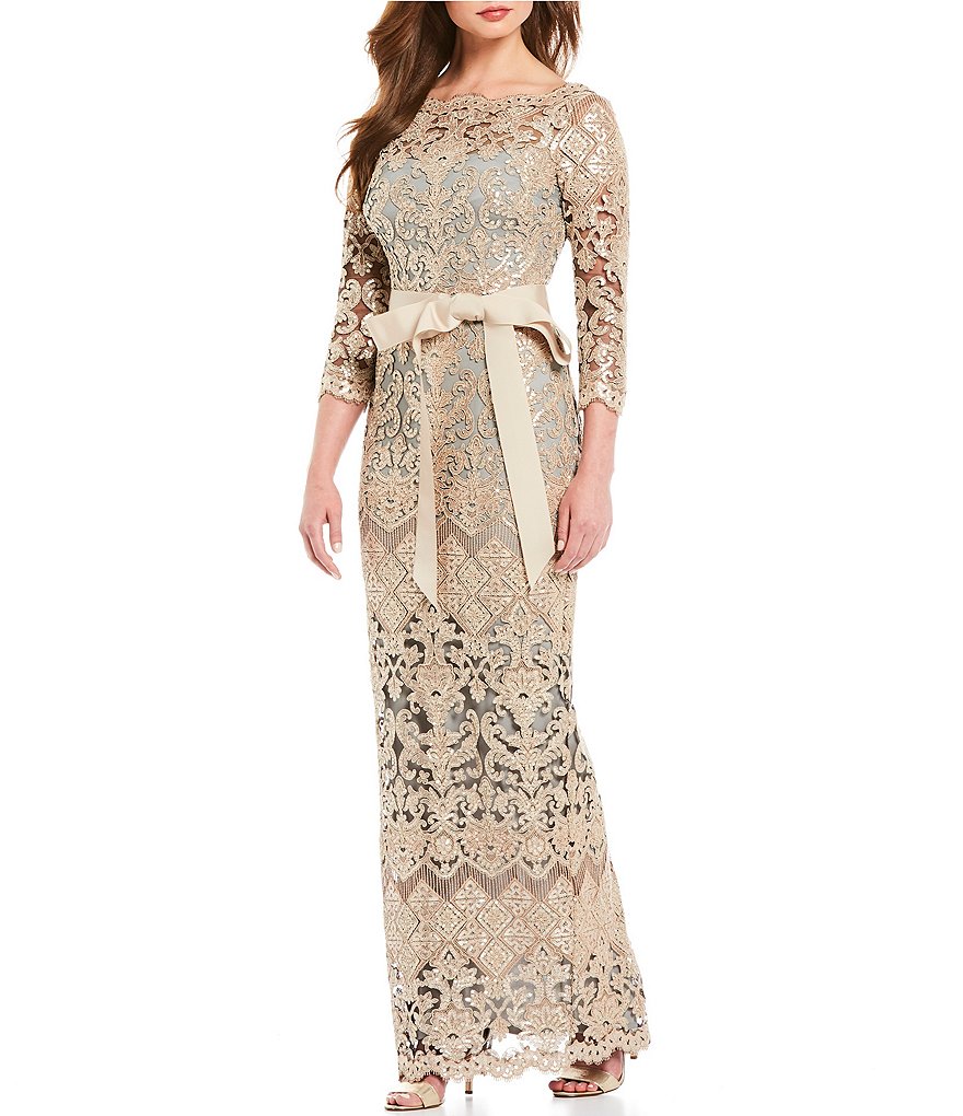 Tadashi Shoji Boat Neck Sequin Lace Illusion Ribbon Belt Gown