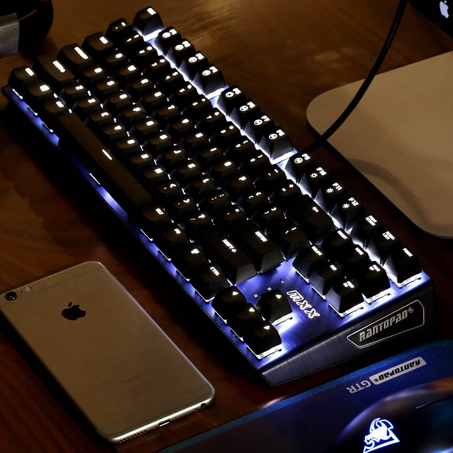 Rantopad MXX Mechanical Gaming Keyboard - 87 Keys,White Backlit, Blue Switches, Blue Aluminum Cover, N-Key Rollover