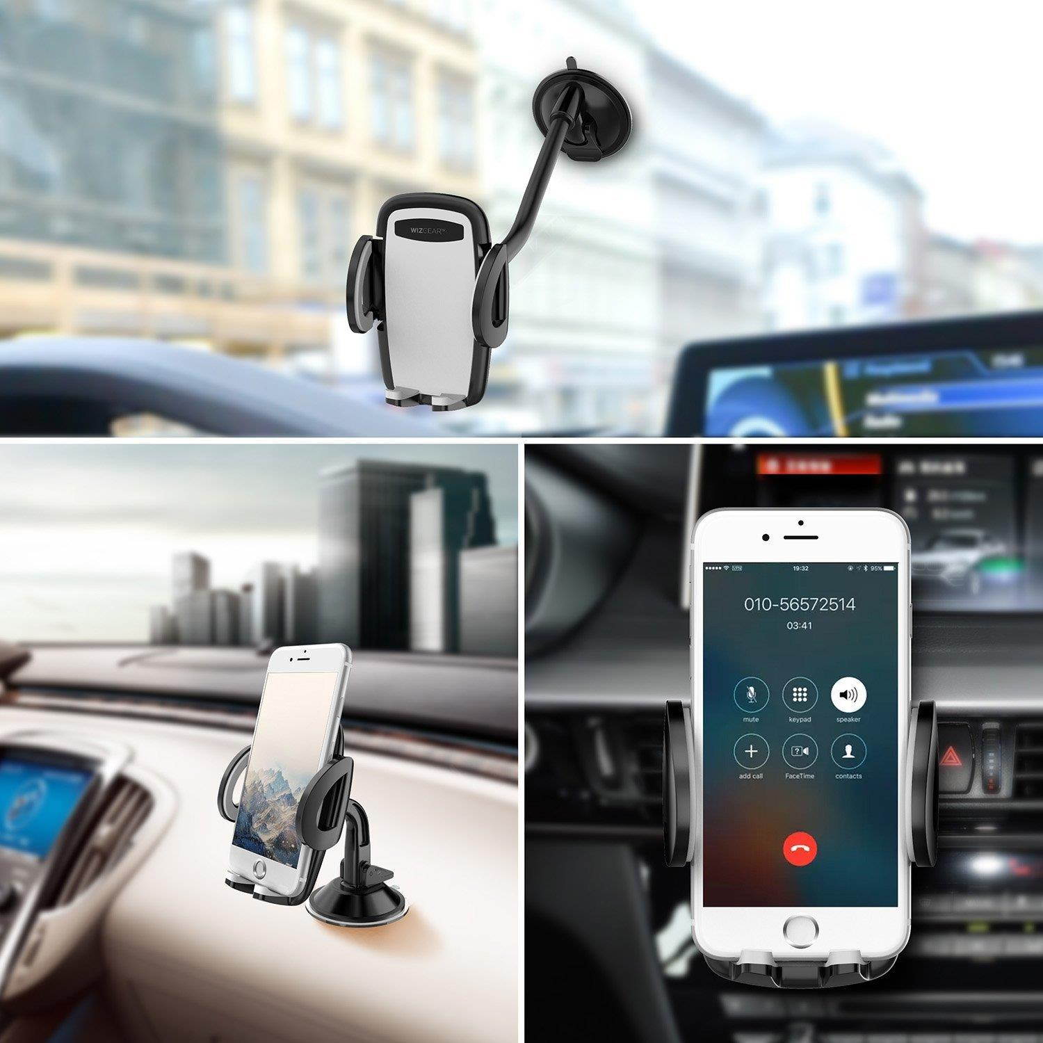 Phone Holder for Car, WizGear 3-in-1 Universal Car Phone Mount, Cell Phone Car Mount Air Vent Holder with Dashboard Mount and Windshield Mount for Cell Phones