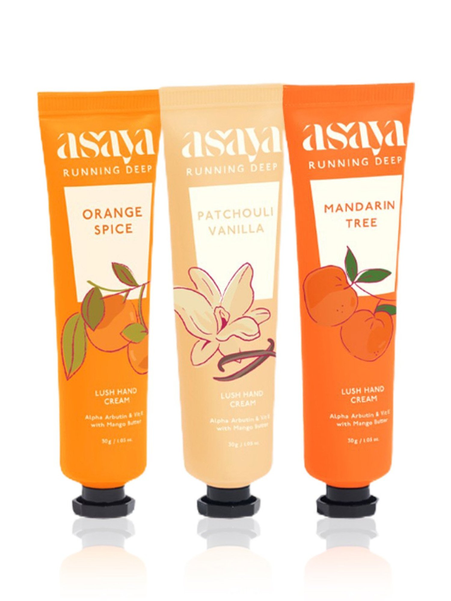 Asaya Orange Spice, Patchouli Vanilla & Mandarin Tree Lush Hand Cream - Pack of 3