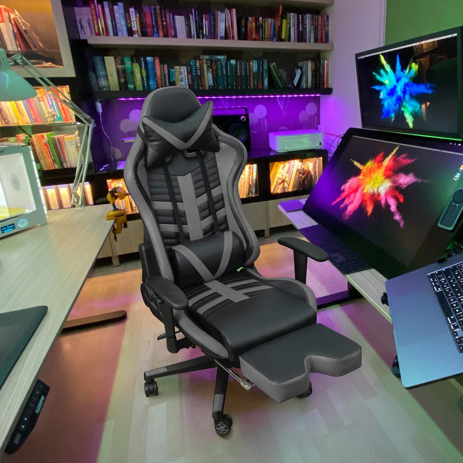 Homall Gaming Chair with Thickened Footrest Ergonomic Swivel Racing High-Back Bucket Seat, Premium PU Leather, Reclining, Hydraulic Height Adjustment, Lumbar Support, Adjustable Armrest (Red)