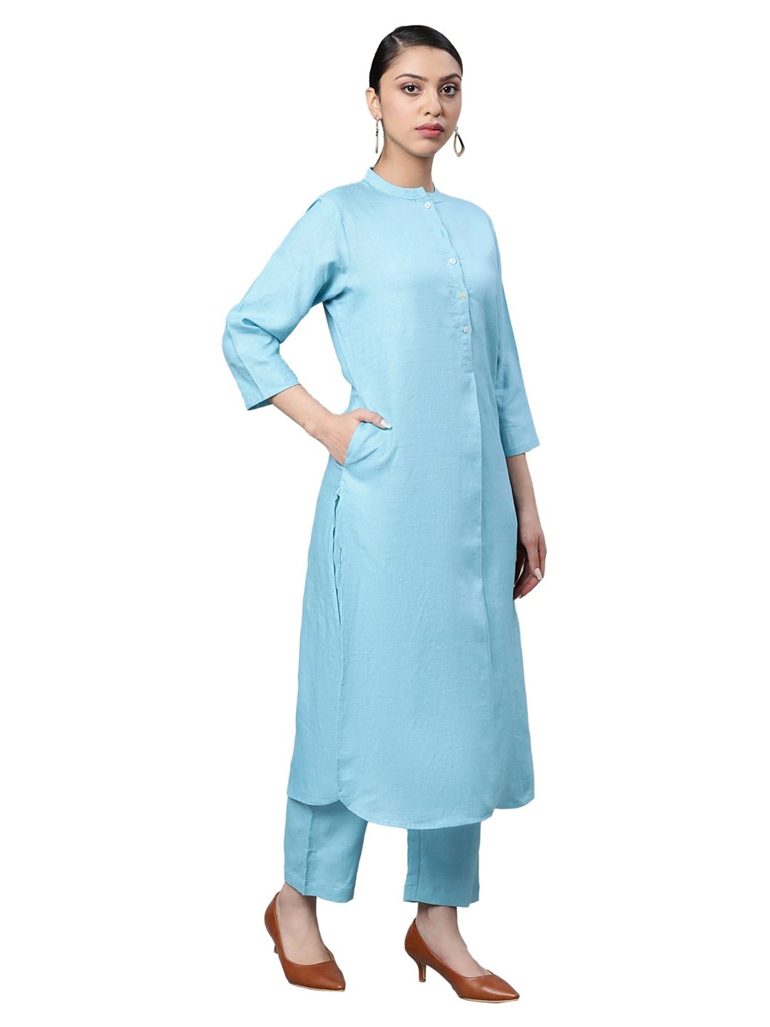 Linen Club Woman Blue Straight Kurta