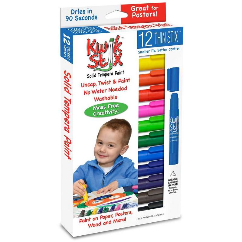Kwikstix Stix Solid Tempera Paint, Super Quick Drying, Classic Primary Colors, Thin, 12 Pack