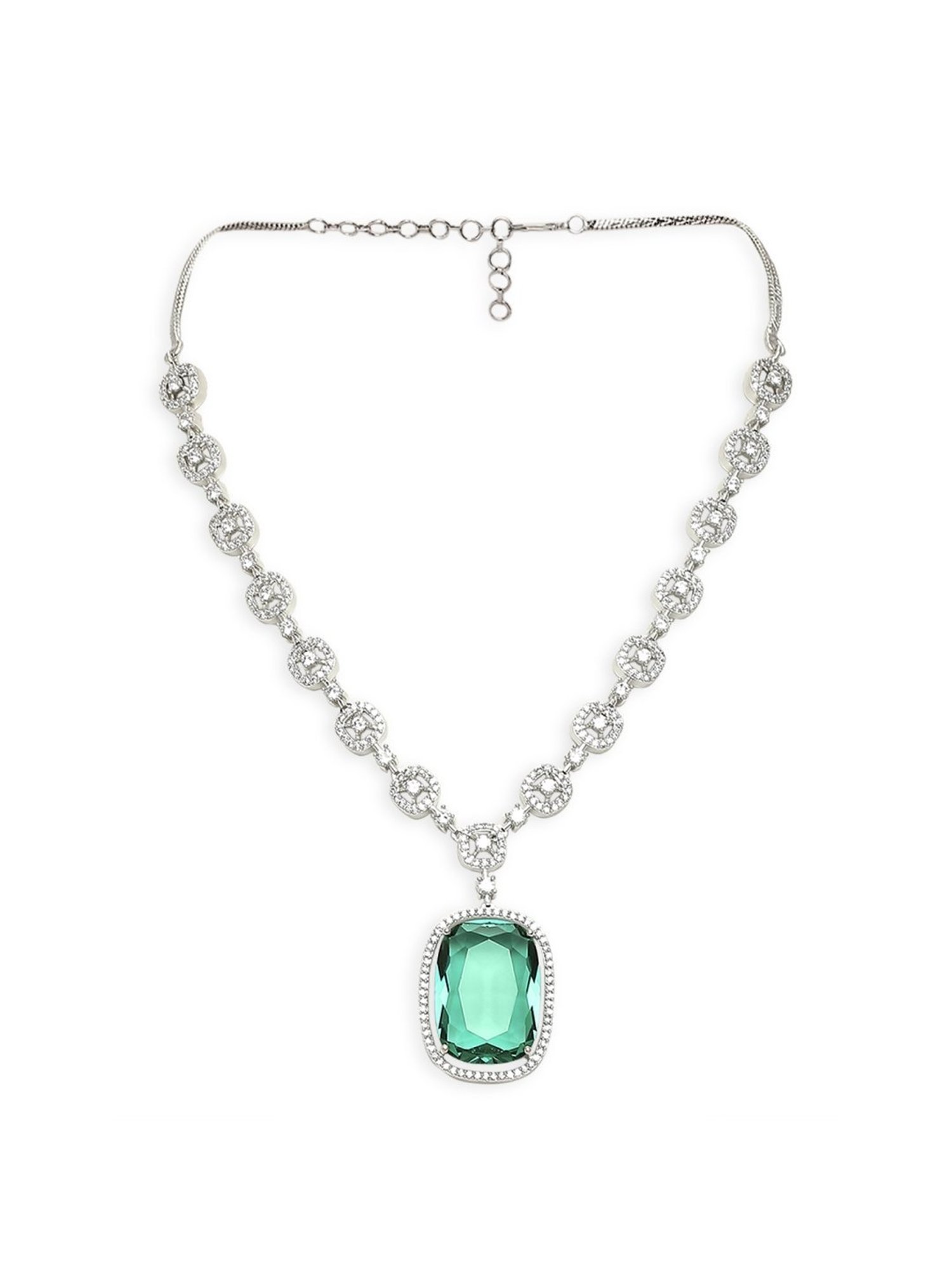 OOMPH Green American Diamond Large Rectangle Drop Pendant Necklace Set with Earrings