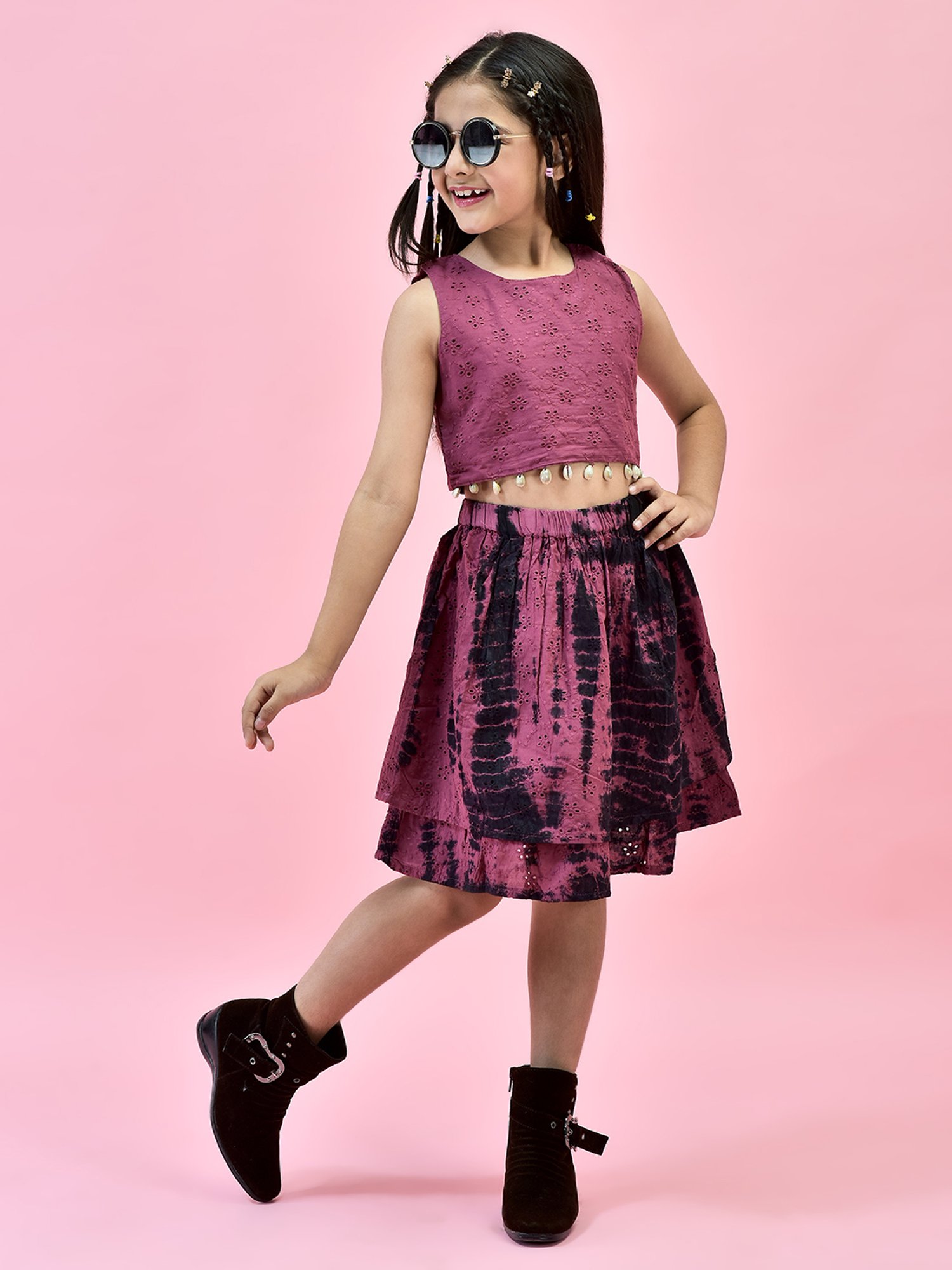 Juniper Girls Purple Self Design Crop Top With Skirt