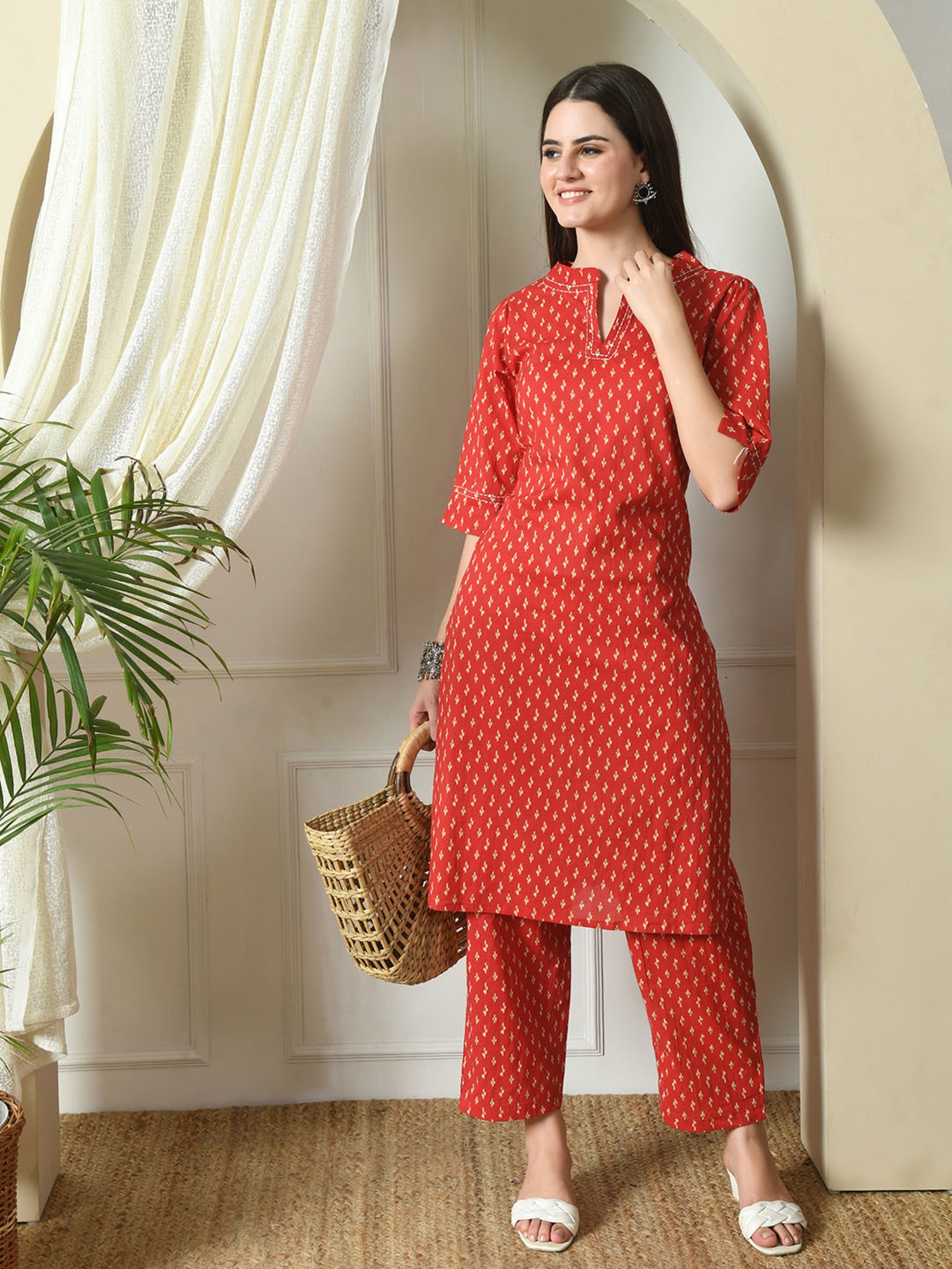 DECKEDUP Red Cotton Printed Kurta With Pants
