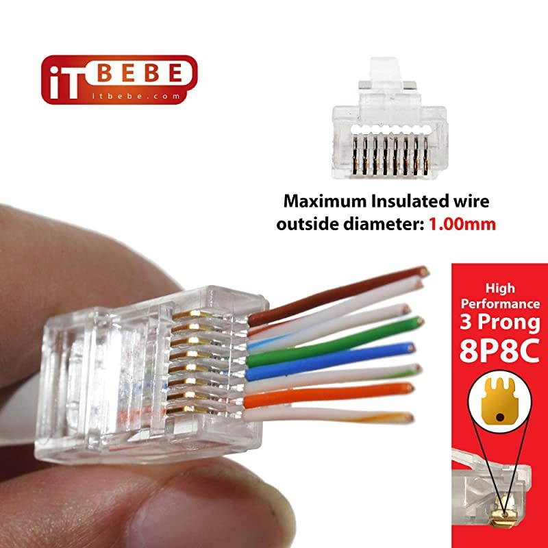 Gold Plated RJ45 cat5 cat5e 8P8C 50 pieces Pass Through 3 Micron 3u 3 Prong premium Connectors