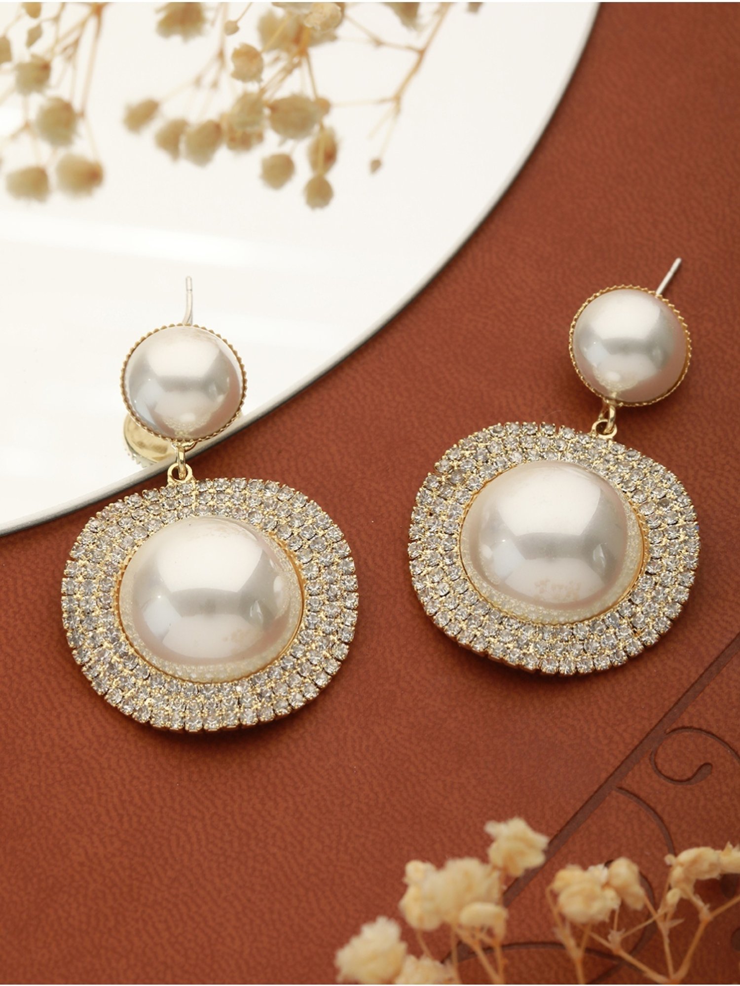 Prita by Priyaasi Dual-Pearl American Diamond Gold-Plated Drop Earrings
