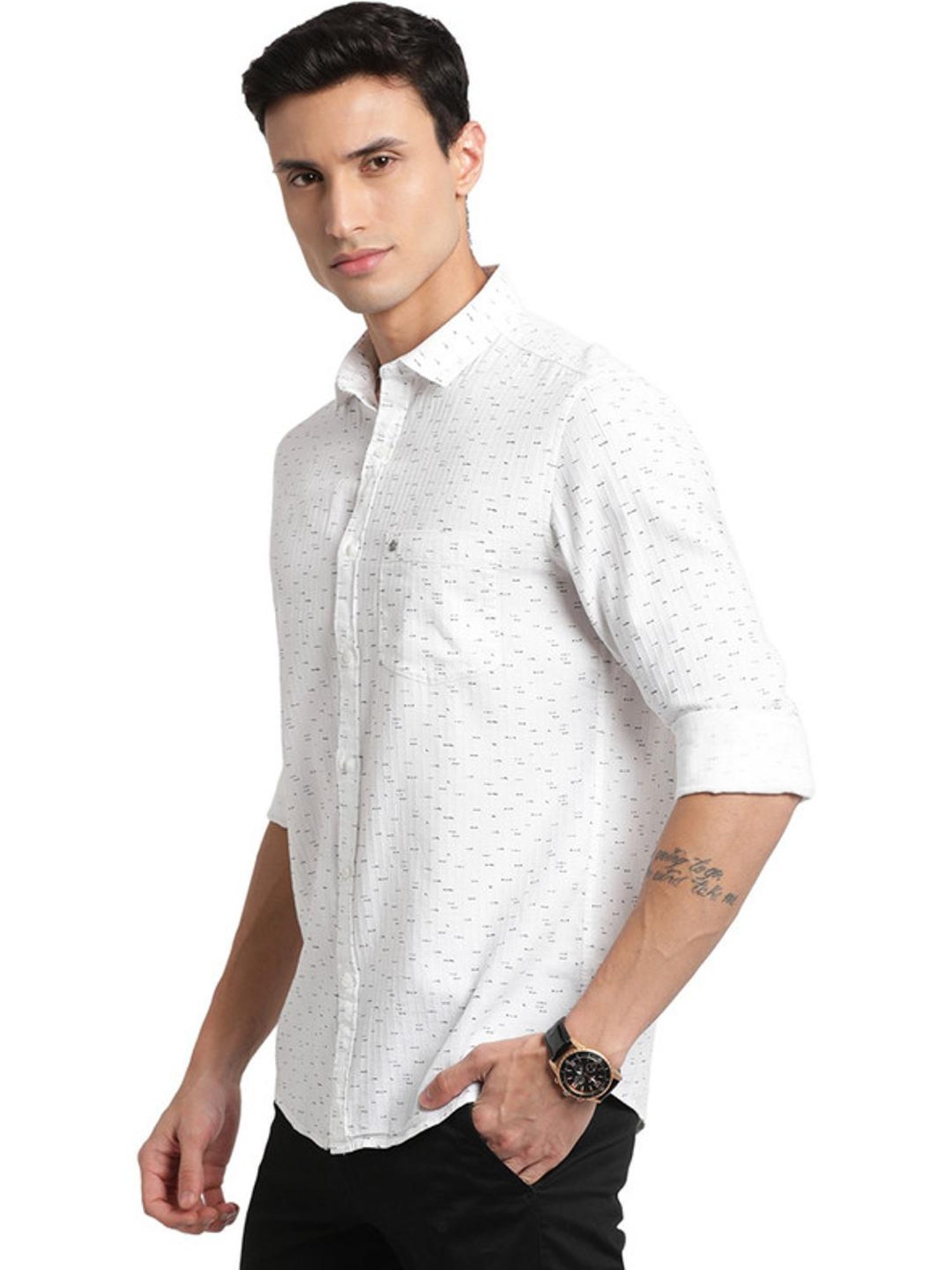 Turtle Pearl White Cotton Slim Fit Printed Shirt