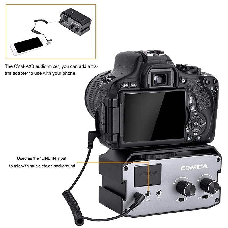 XLR Audio Mixer, CVM-AX3 Audio Mixer Adapter Preamplifier Dual XLR/3.5mm/6.35mm Port Camera Mixer for Canon Nikon Sony Panasonic DSLR Camera Camcorder (Support Real-time Monitoring)