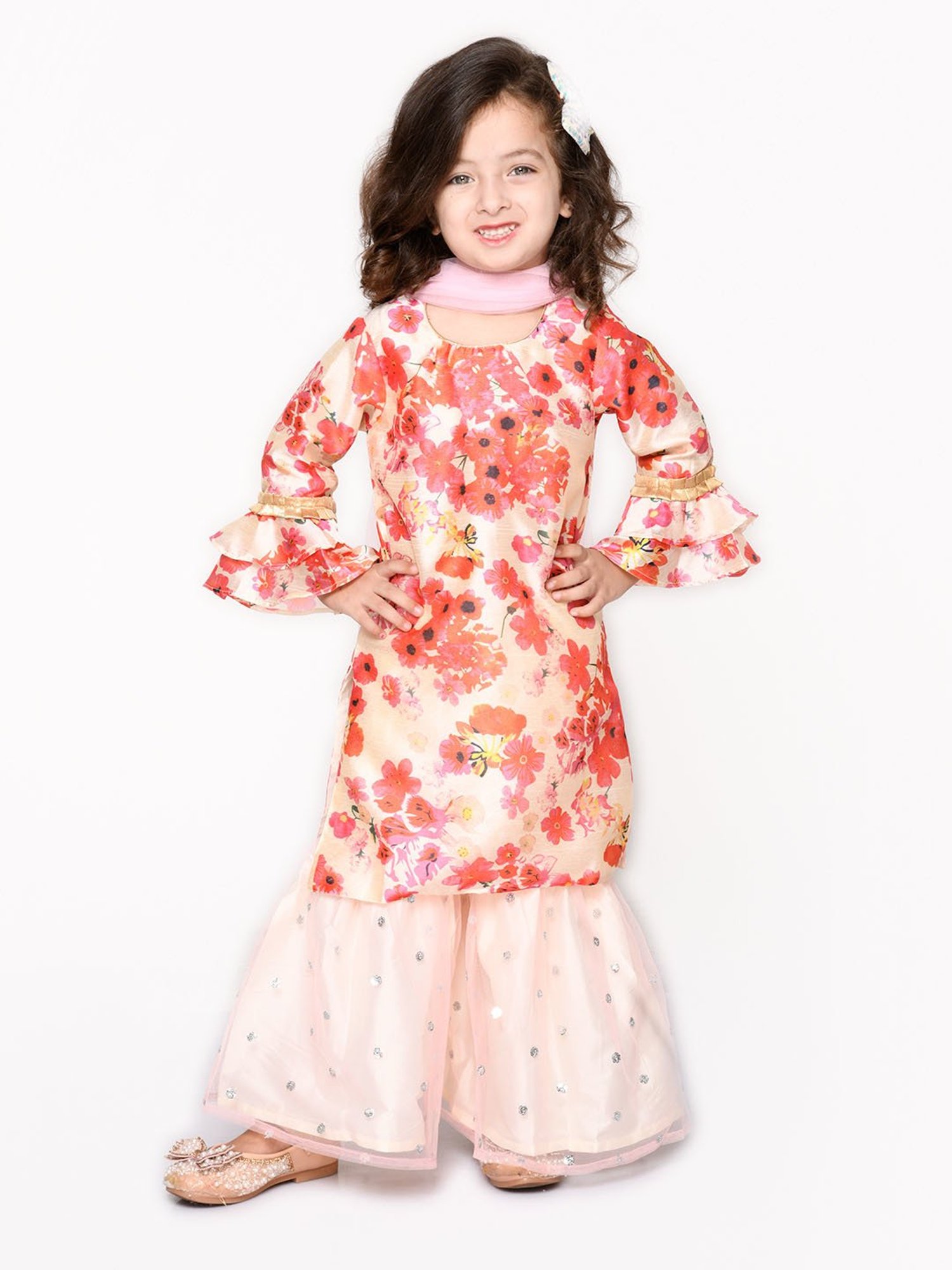 Saka Designs Kids Light Pink & Ivory Floral Print Full Sleeves Kurta with Sharara & Dupatta