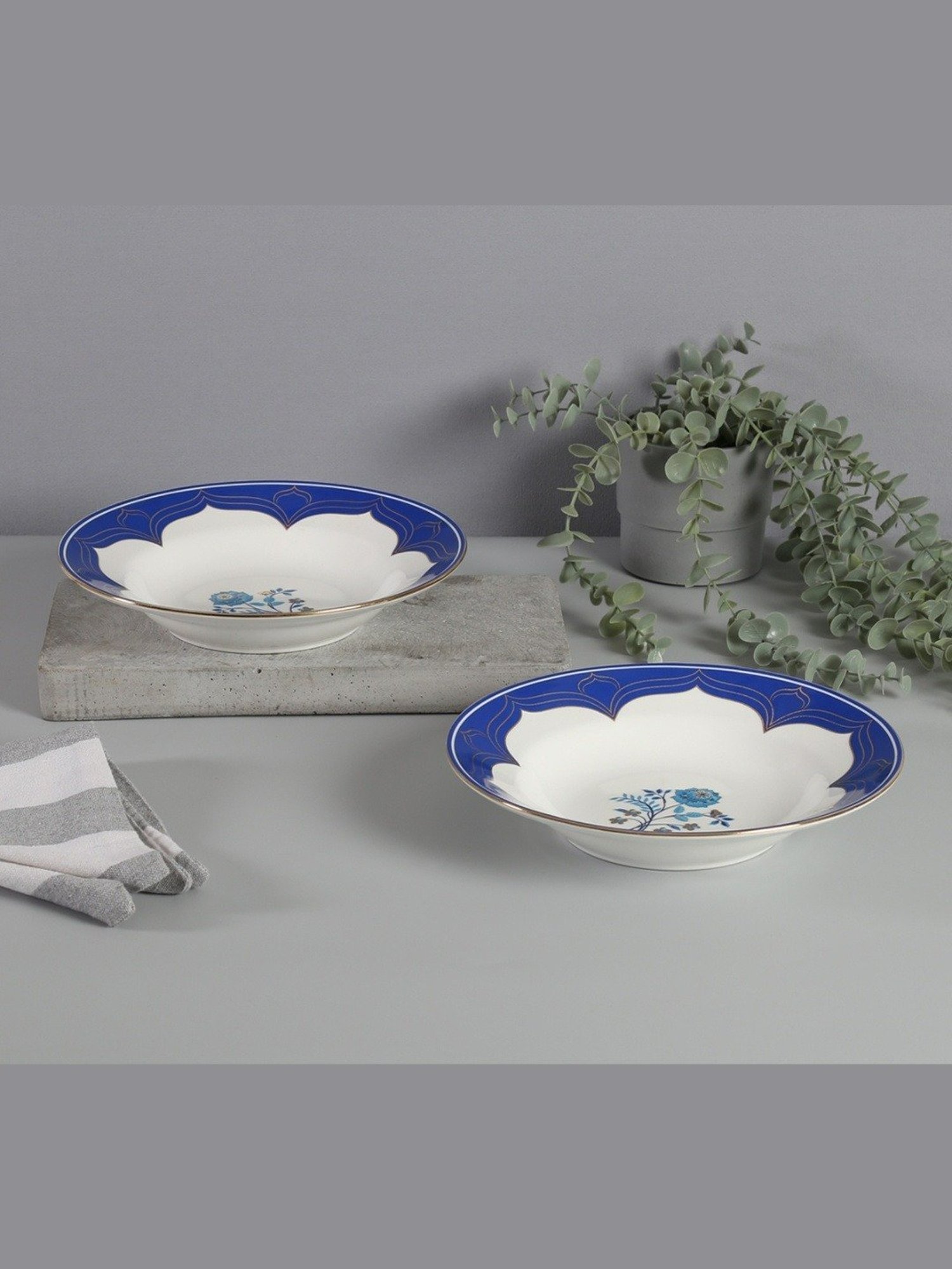 India Circus Color Bordered White & Blue Bone China Pasta Plate - Set Of 2