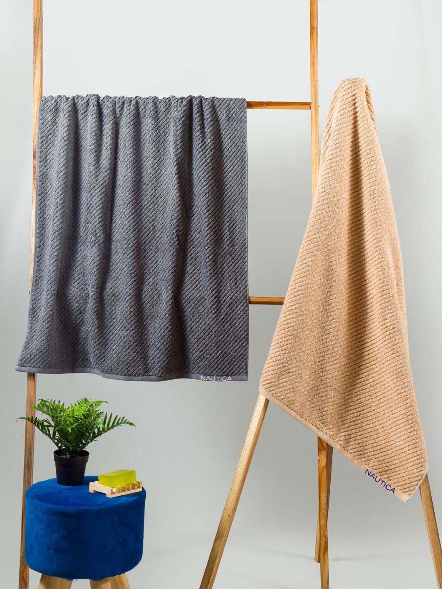 Nautica Cross View Steel Grey & Wheat Cotton 600 GSM Fluffy Zero Twist Bath Towel - Set of 2