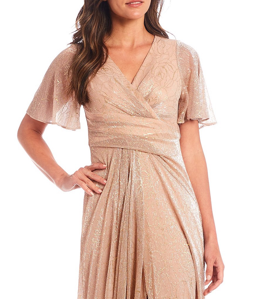Adrianna Papell V-Neck Elbow Sleeve Lace Side Wrap A-Line Gown