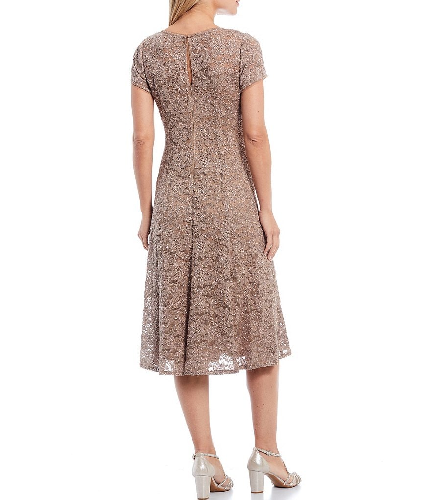 Ignite Evenings Round Neck Short Sleeve Glitter Lace Dress