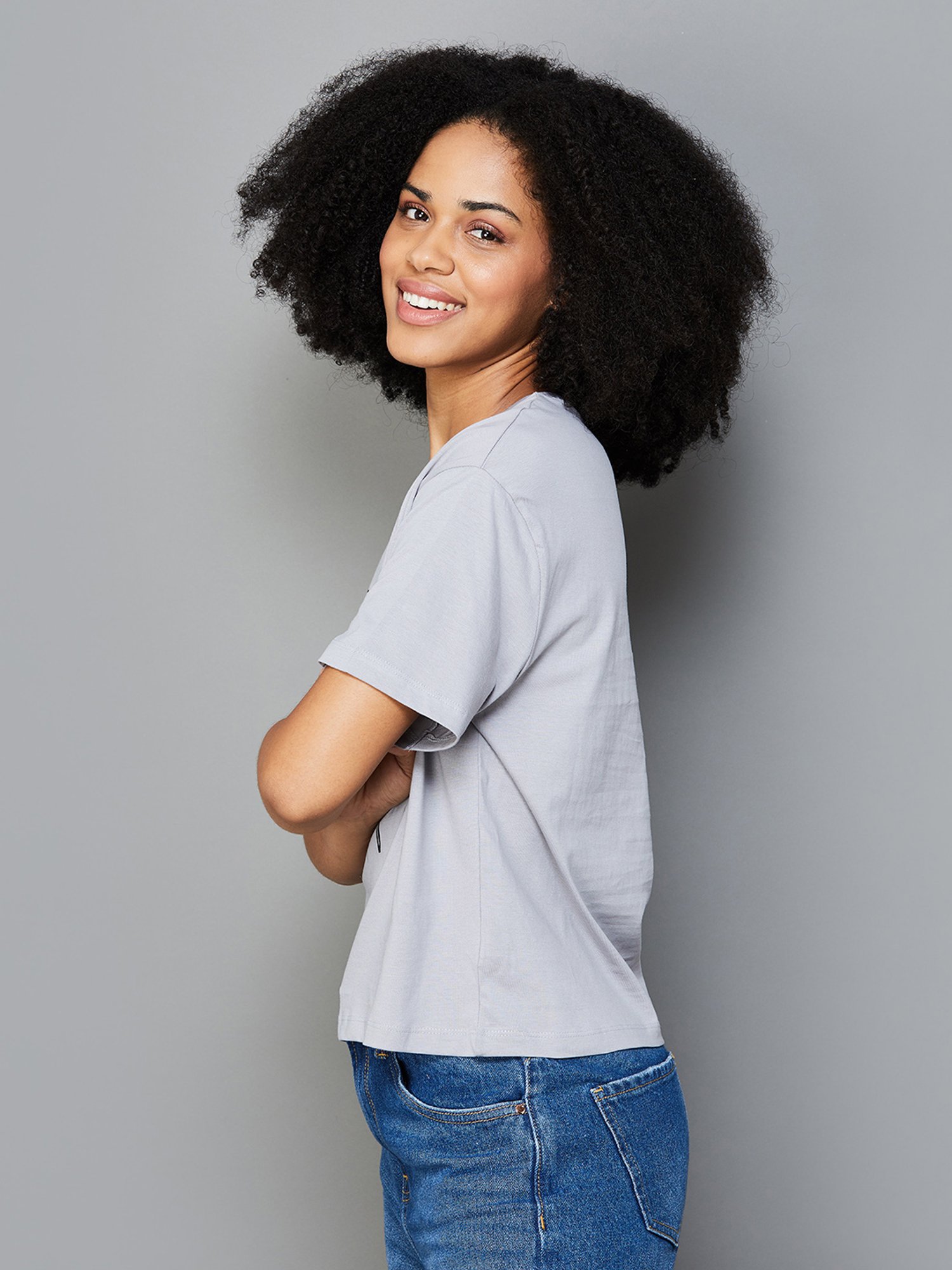 Fame Forever by Lifestyle Light Grey & Black Cotton Printed T-Shirt