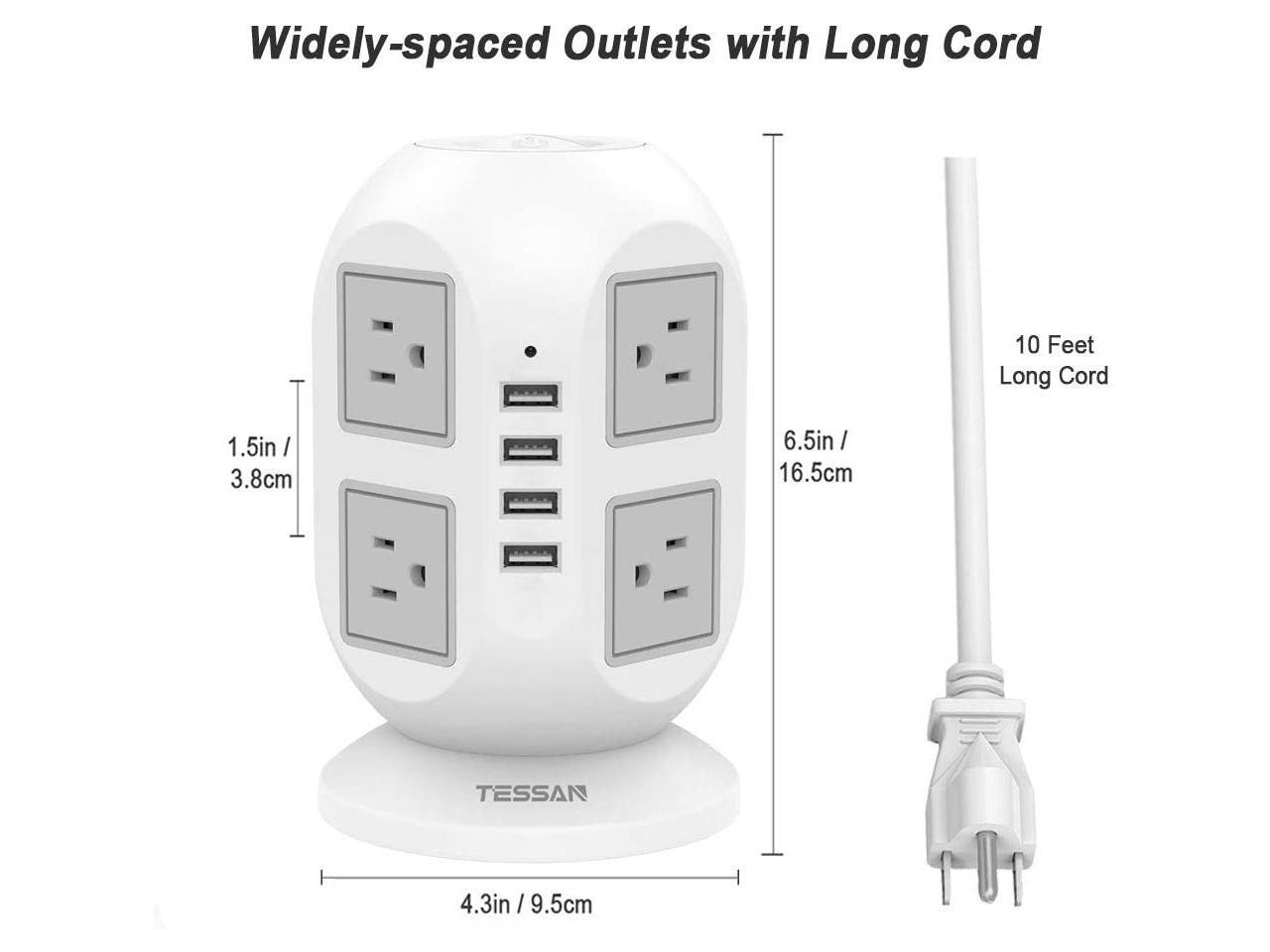 Power Strip Tower TESSAN Surge Protector 8 AC Outlets with 4 USB Ports Charging Station Long Extension Cord 10 Feet, Widely Spaced Multi Outlets, Circuit Breaker Safeguard for Home Office Dorm Room