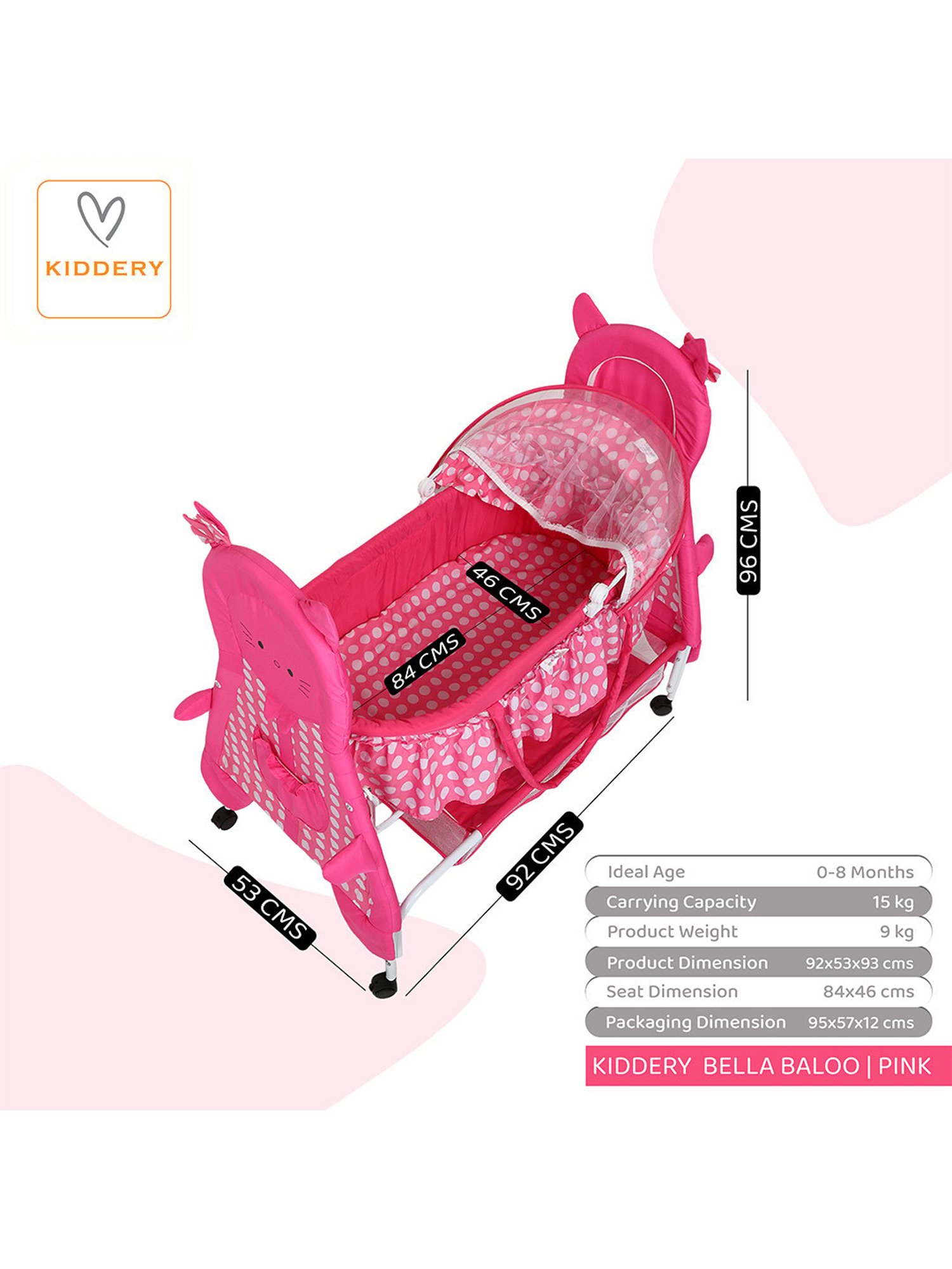 Kiddery Pink Baby Bassinet with Mosquito Protection Net (Age 0-8 Months)