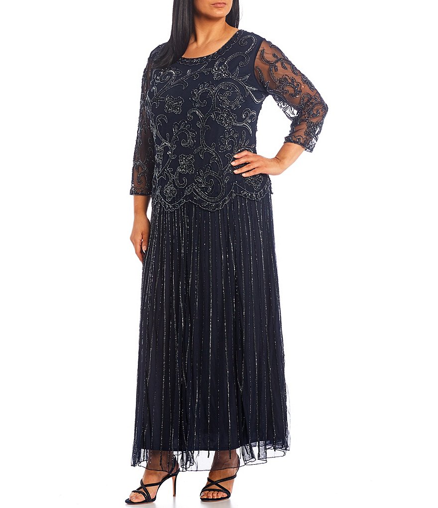 Pisarro Nights Plus Size Round Neck 3/4 Sleeve Beaded Mock Two-Piece Dress