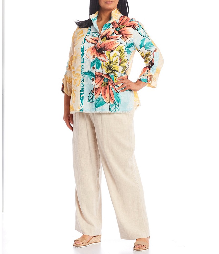 John Mark Plus Size Floral Print Point Collar Wire Neck Button Front Linen 3/4 Sleeve Blouse