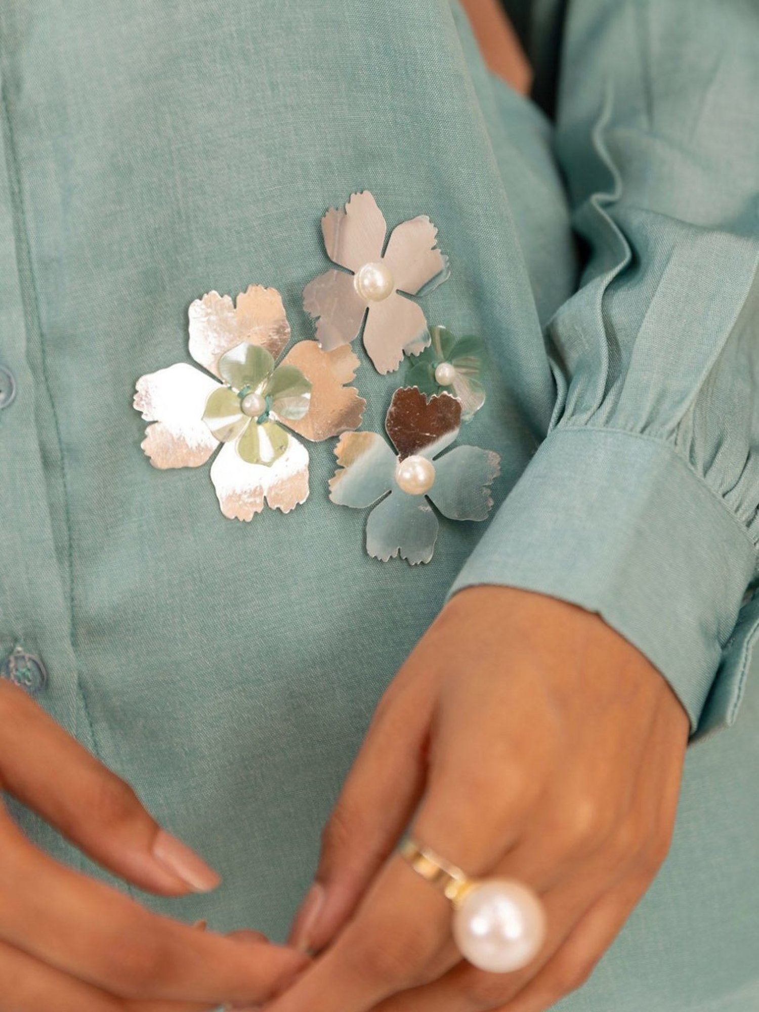 BInfinite Teal Ivory Embellished Shirt