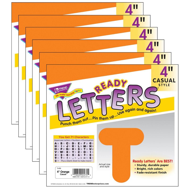 6pk 4" Casual Uppercase Ready Letters Orange - TREND