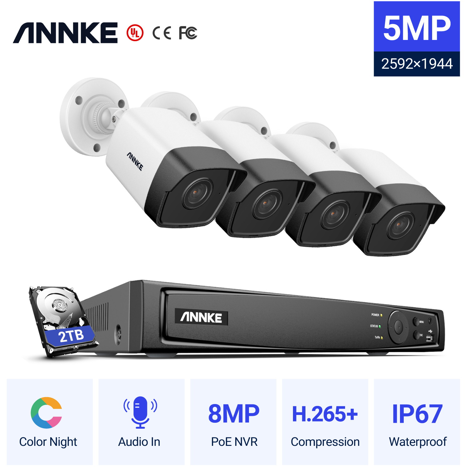 ANNKE 8CH NVR Video Surveillance System 5MP PoE Turret Security Cameras System For Home Indoor Outdoor - 2TB HDD