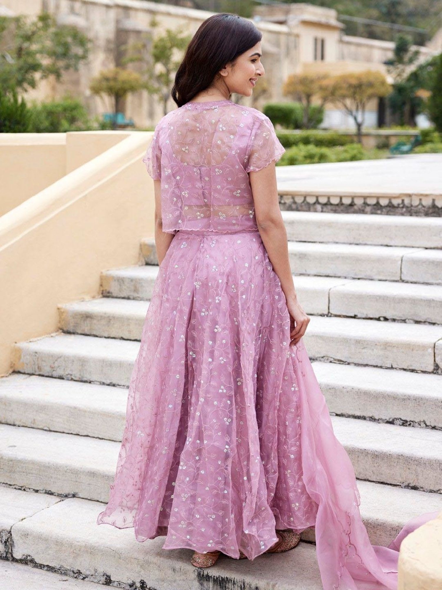 Geroo Jaipur Onion Pink Sequins Embroidery Organza Lehenga Set