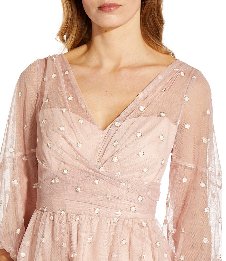 Adrianna Papell V-Neck 3/4 Sleeve Metallic Dot Faux Wrap Midi Dress