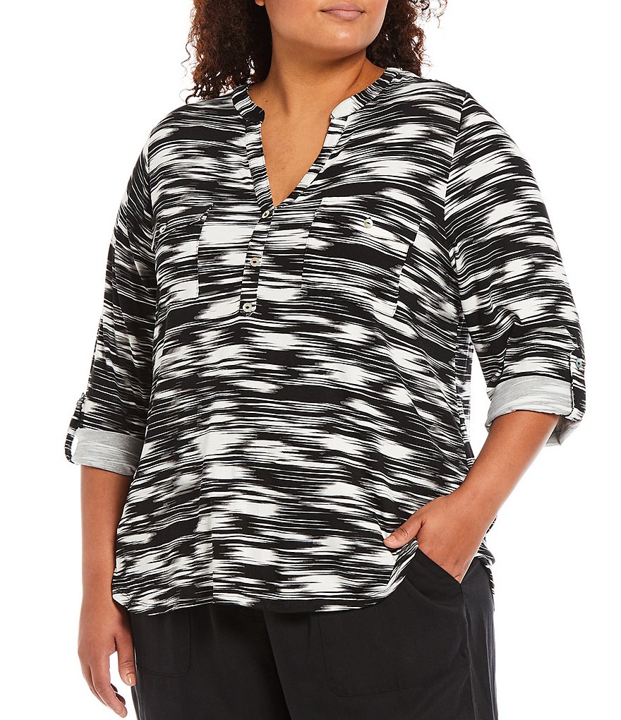 Ruby Rd. Plus Size Horizontal Ikat Print Knit Jersey Split Round Neck 3/4 Roll-Tab Sleeve Henley Top