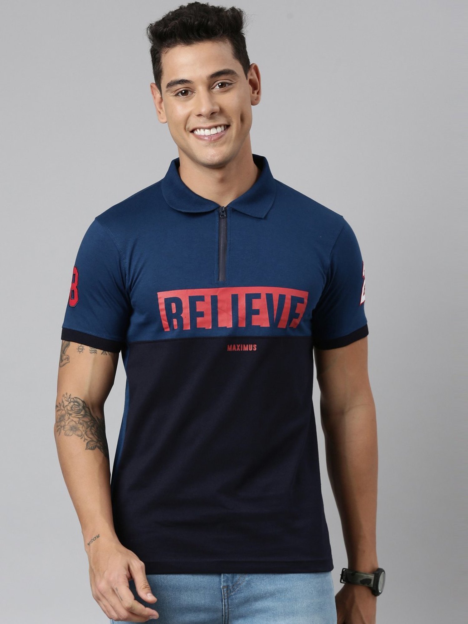 Dixcy Scott Maximus Blue Cotton Regular Fit Printed Polo T-Shirt