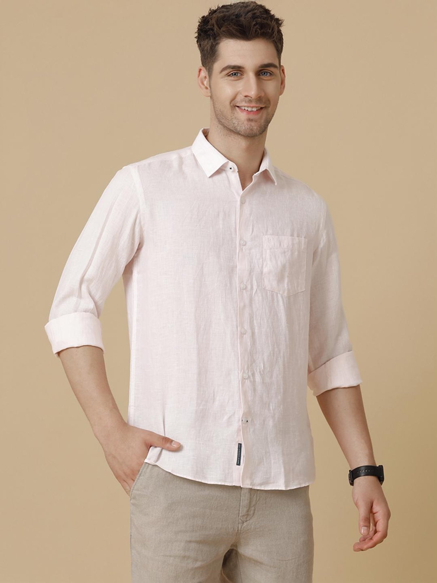 Linen Club Pink Linen Contemporary Fit Shirt