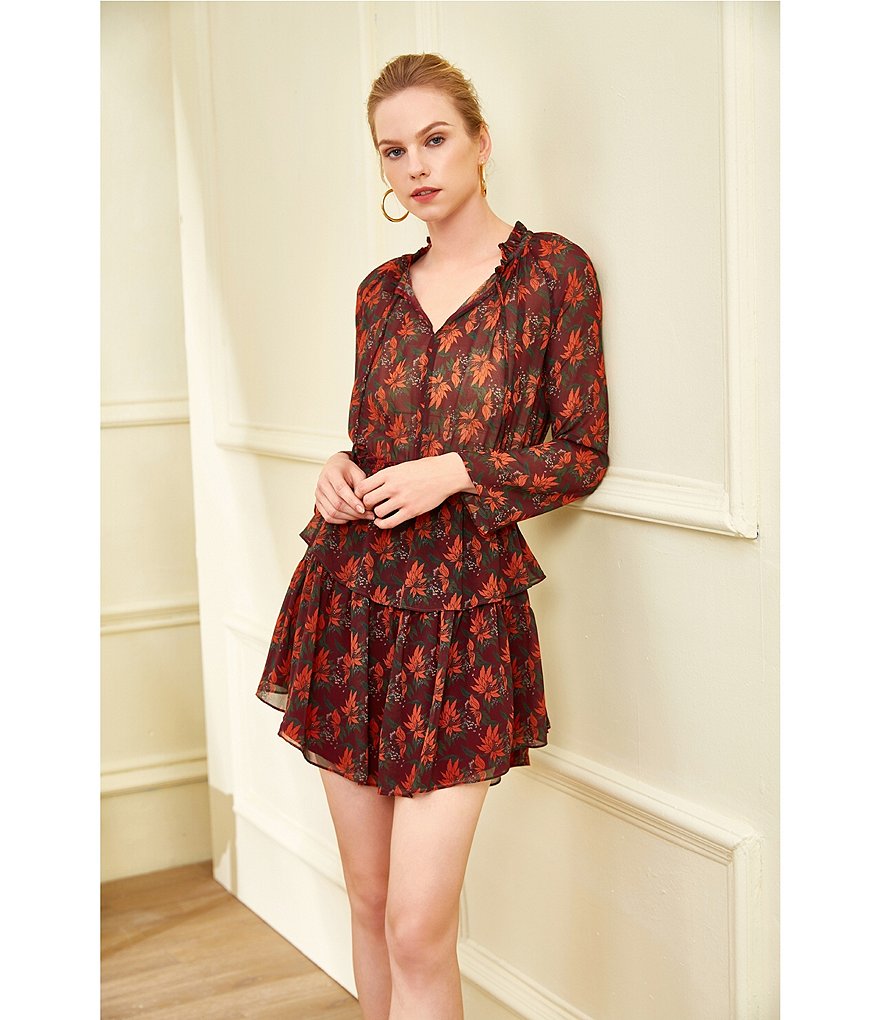 Julie Brown Joanne Floral Print Split V-Neck Long Sleeve Tiered Hem Mini Dress