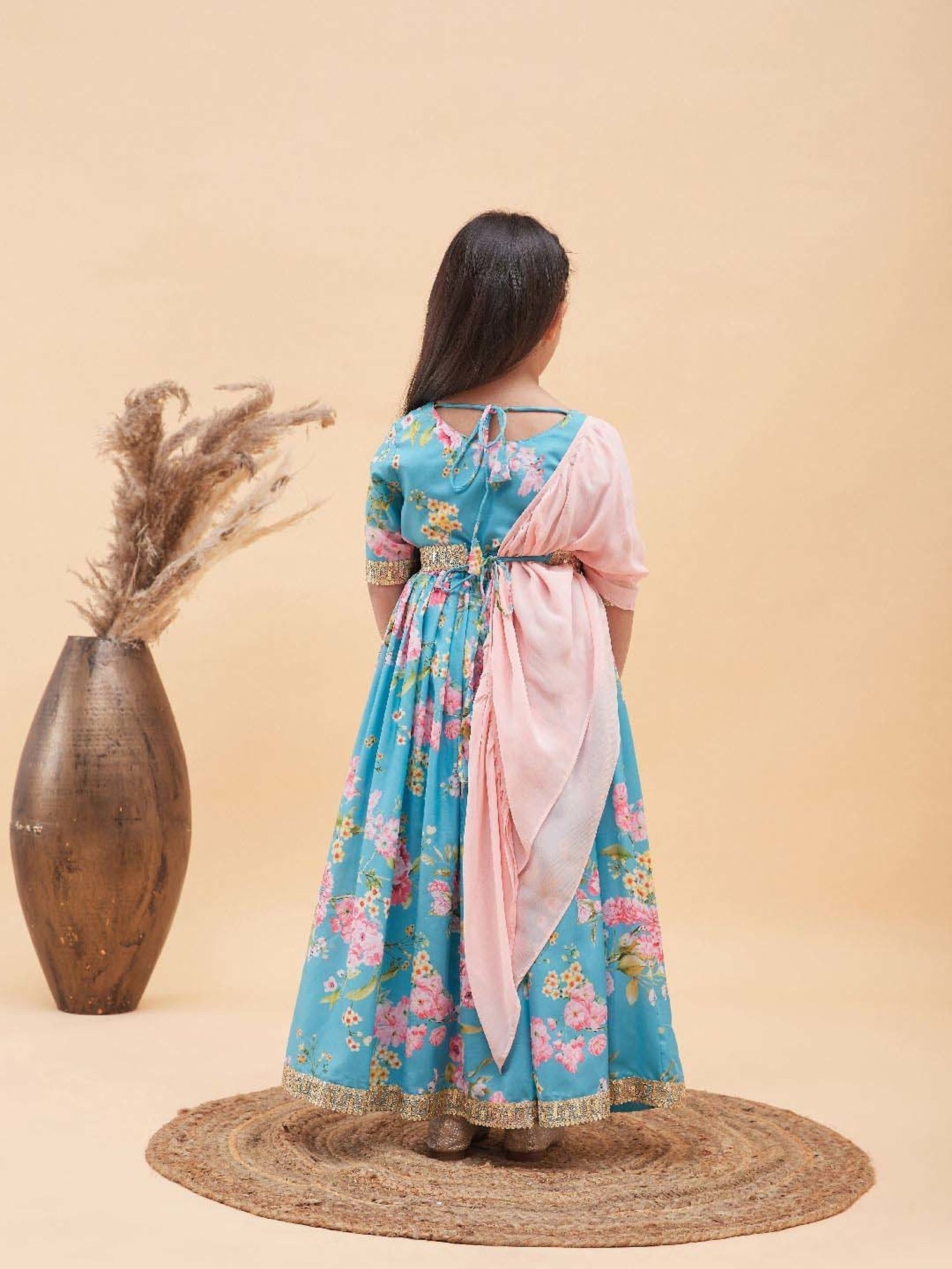 A Little Fable Kids Blue Printed Lehenga with Choli & Dupatta