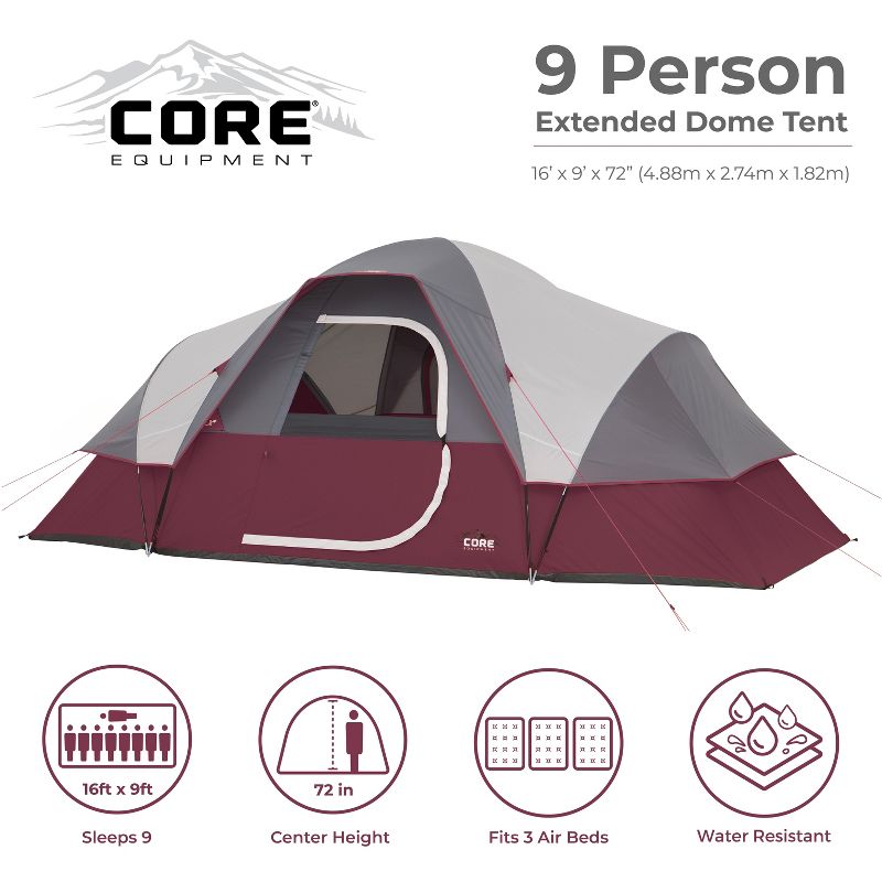 CORE Extended Dome Tent 16 x 9 Foot 9 Person Camping Tent with Air Vents, Red