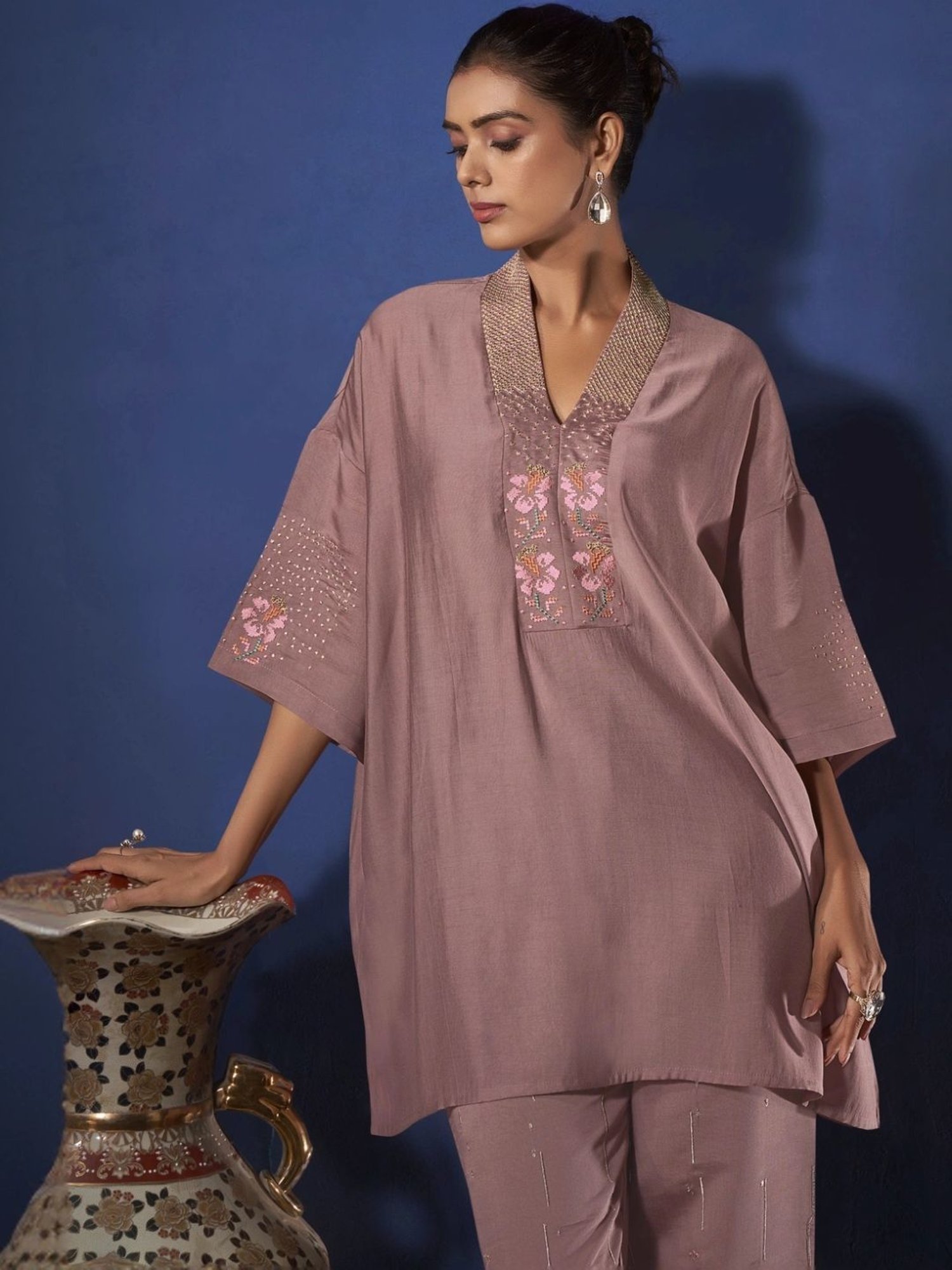 Autumnlane Purple Alena Fawn Work Tunic with Pant Co-ord Set