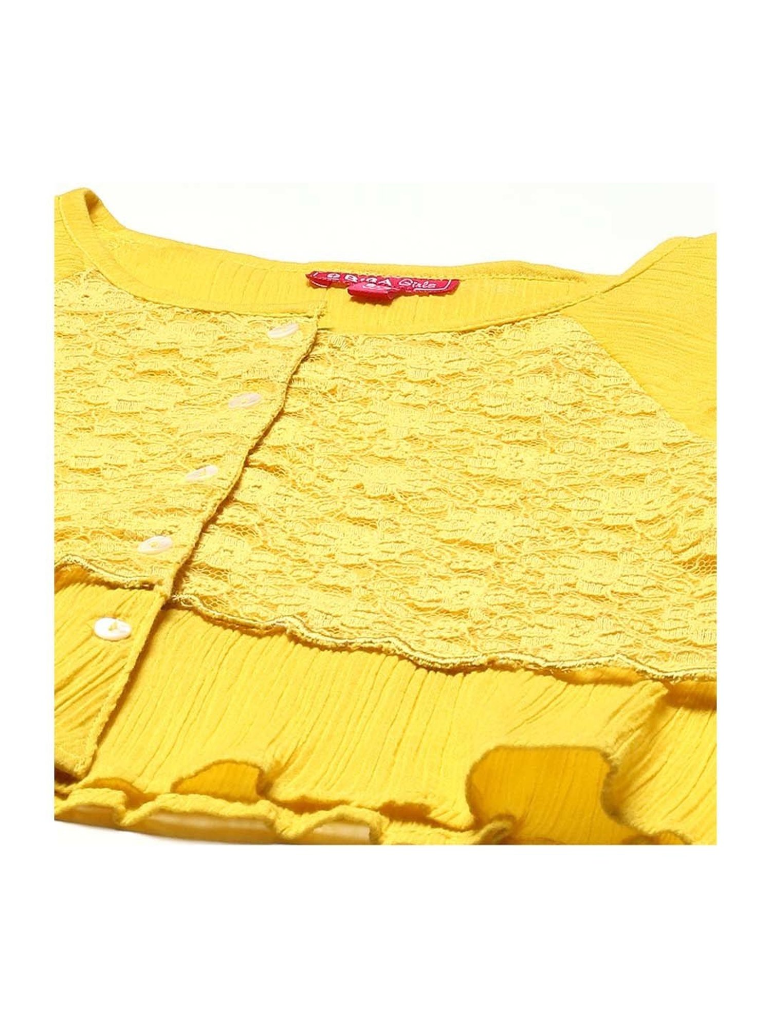 BIBA Girls Yellow Cotton Embroidered Full Sleeves Top