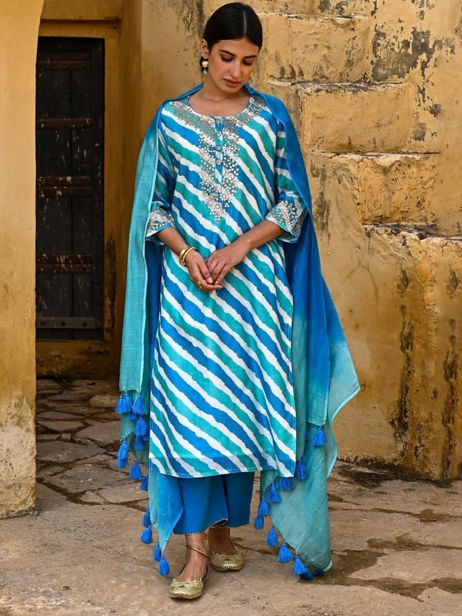 Kameez by Pooja Blue Jashn Salvia Kurta with Pant and Dupatta